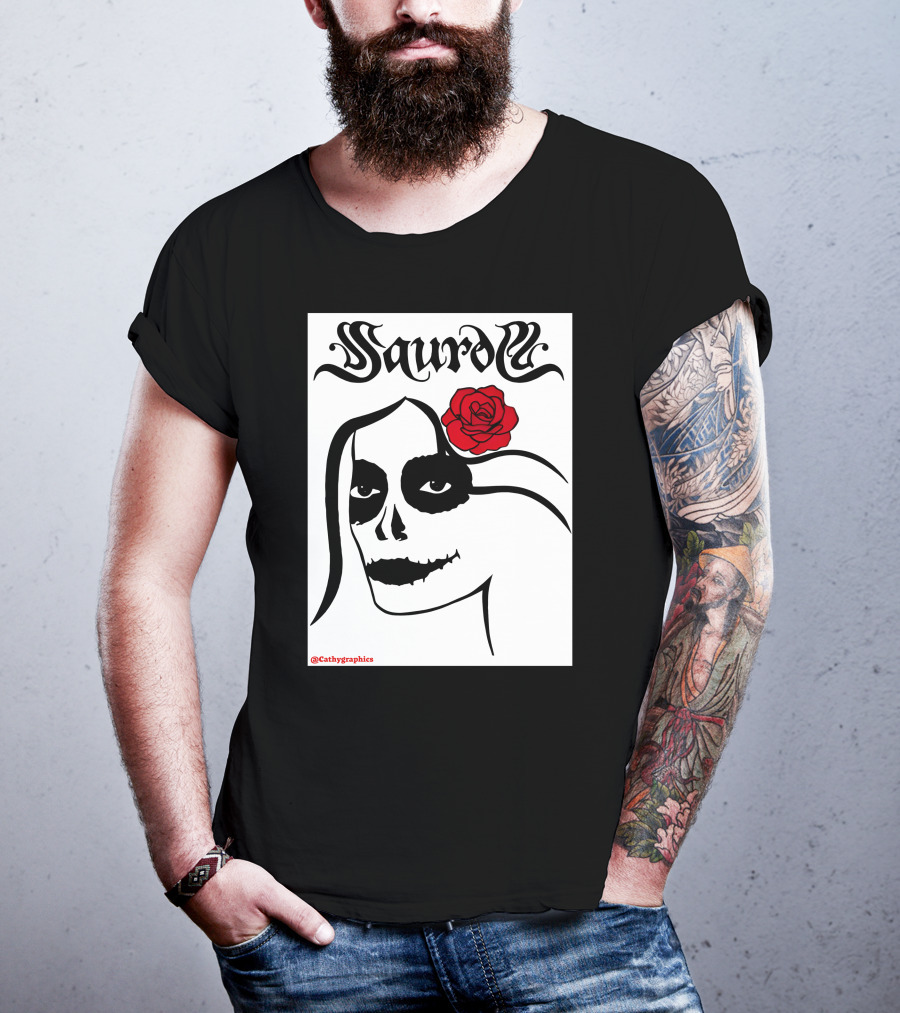 Saurom Cathygraphics Skull Face With Red Rose T-Shirt