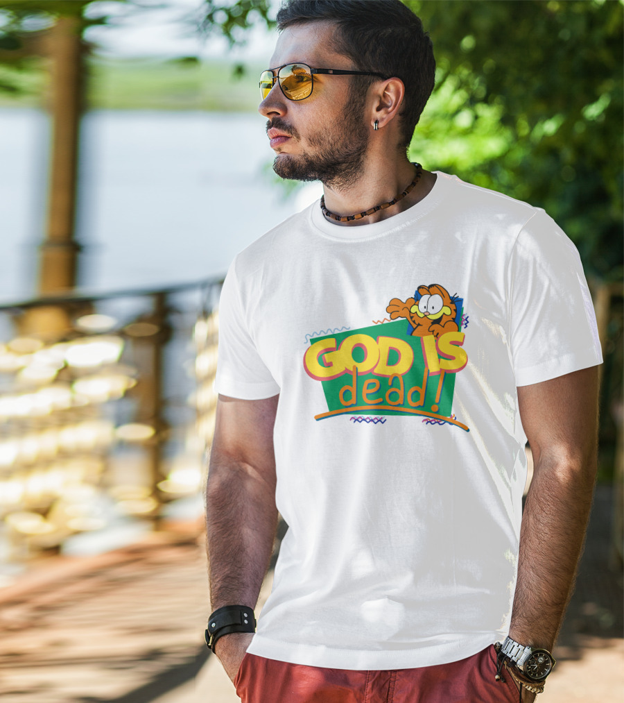 Garfield God Is Dead Comic Style Text With Playful Cartoon Character T-Shirt