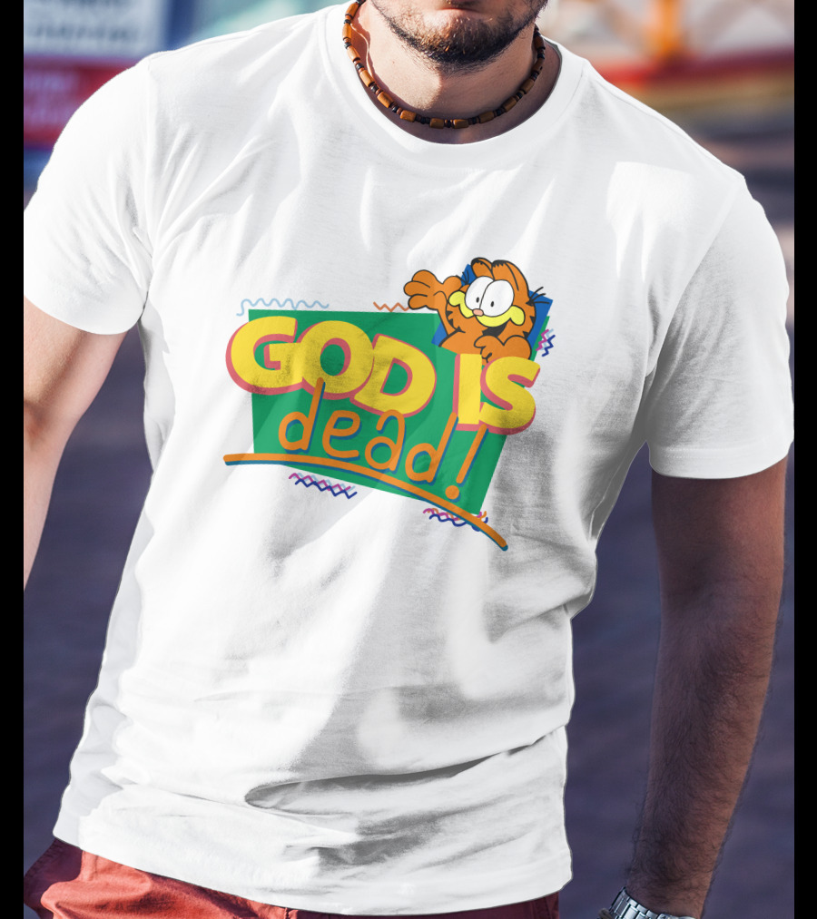 Garfield God Is Dead Comic Style Text With Playful Cartoon Character T-Shirt