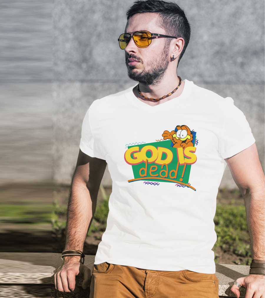 Garfield God Is Dead Comic Style Text With Playful Cartoon Character T-Shirt