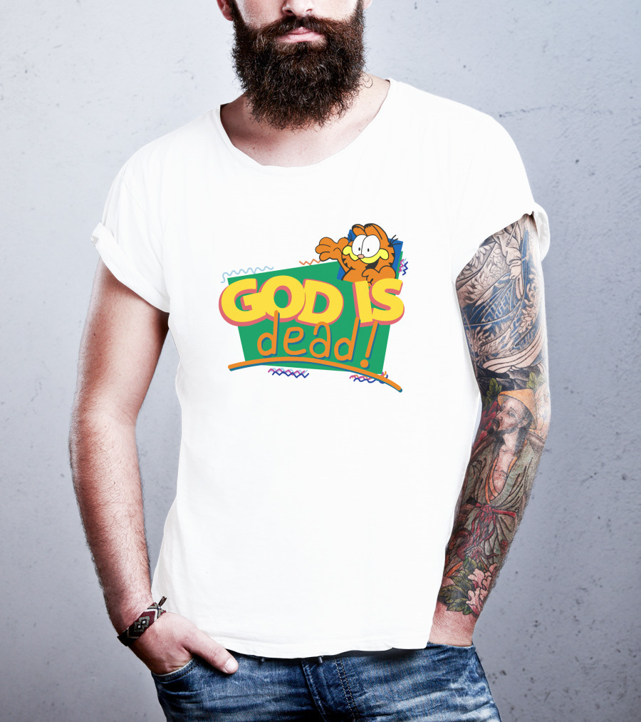 Garfield God Is Dead Comic Style Text With Playful Cartoon Character T-Shirt