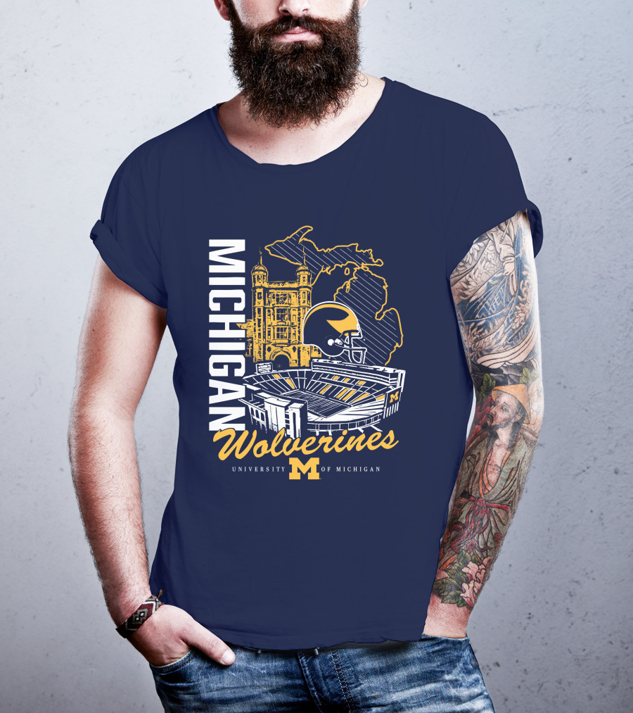 Michigan Wolverines University Of Michigan Stadium Map Helmet T-Shirt
