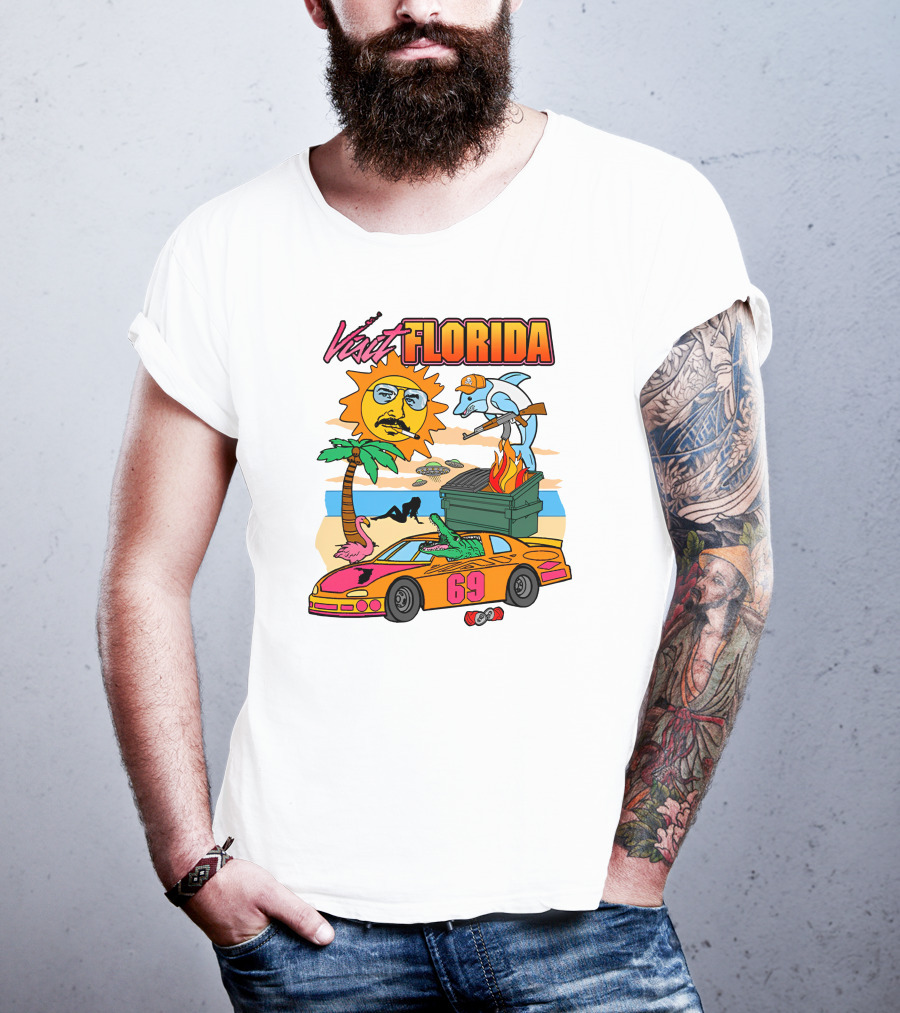 Shithead Steve Merch Visit Florida Flaming Dumpster Racing Car 69 Armed Dolphin Palm Tree Sun Face T-Shirt