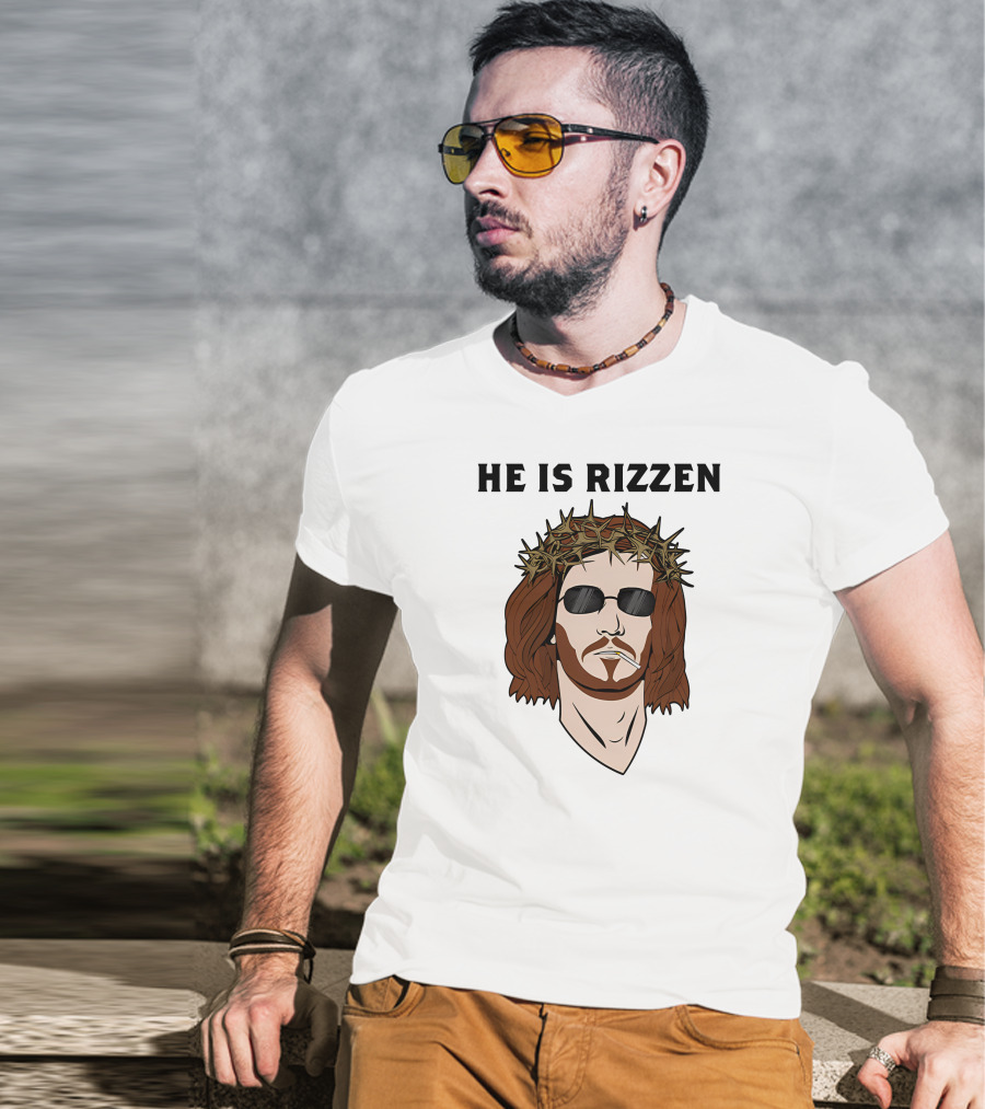 Shithead Steve Merch He Is Rizzen Jesus Crown Of Thorns Sunglasses Smoking T-Shirt