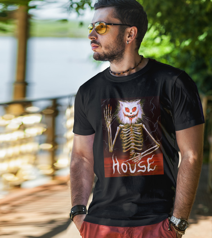 House Skeleton Cat Spirit With Lightning T-Shirt