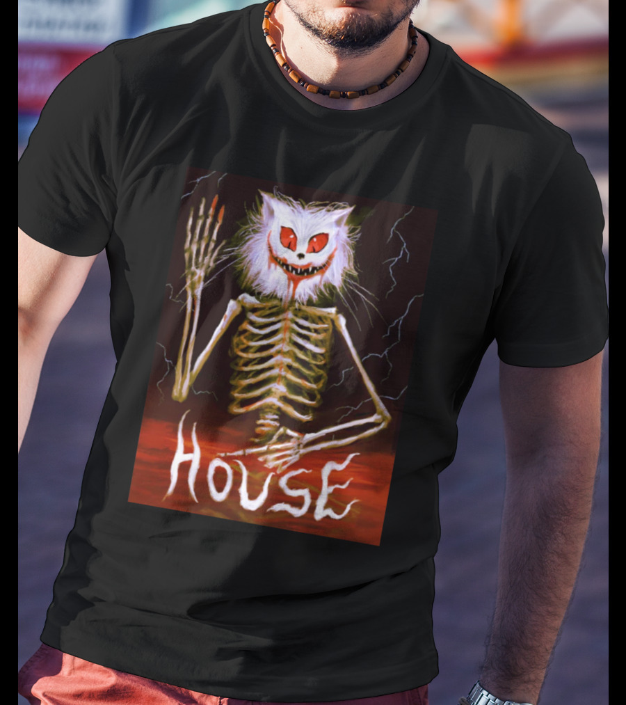 House Skeleton Cat Spirit With Lightning T-Shirt