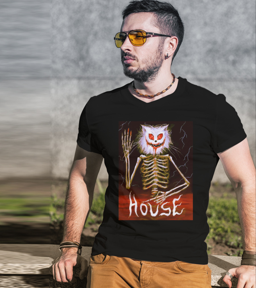 House Skeleton Cat Spirit With Lightning T-Shirt