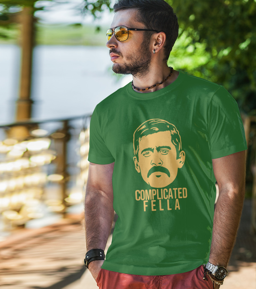 Complicated Fella Graphic With Mustache On Green Background T-Shirt
