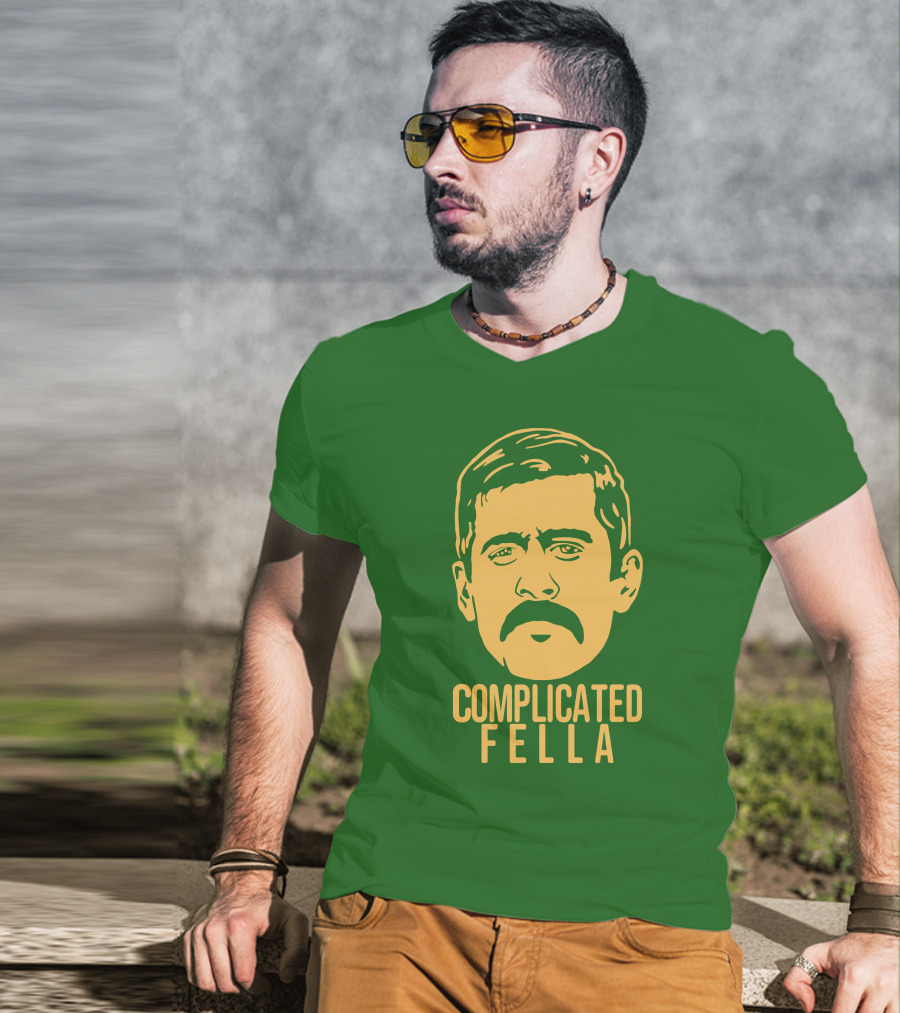 Complicated Fella Graphic With Mustache On Green Background T-Shirt