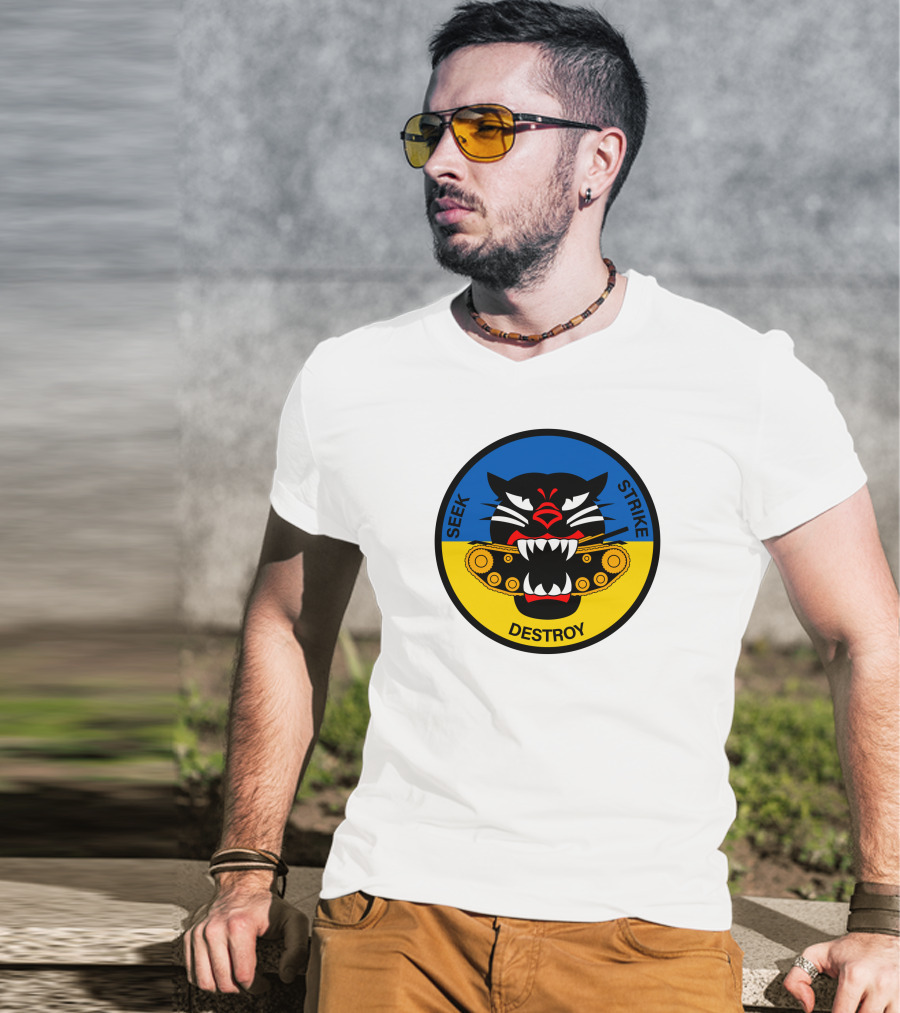 Seek Strike Destroy Panther Emblem With Tank Tracks T-Shirt