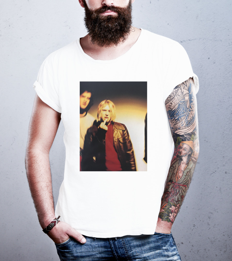 Kurt Cobain Leather Jacket Red Sweater Iconic Image T-Shirt