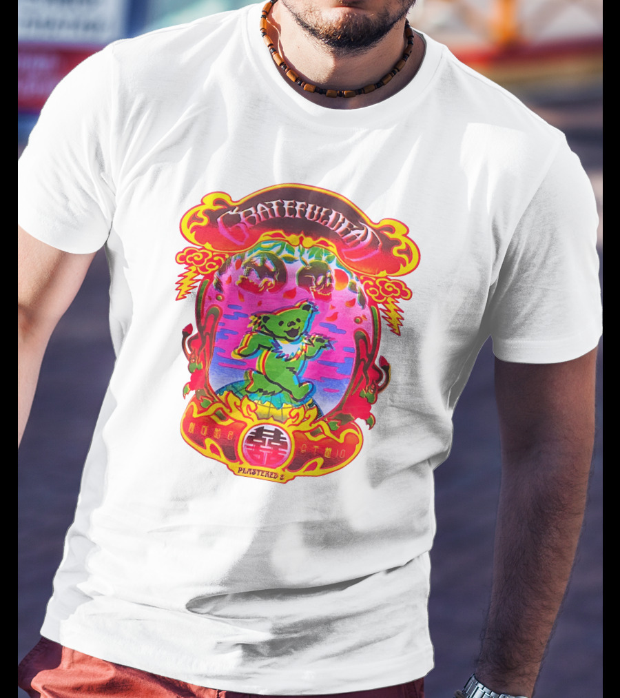Grateful Dead X Plastered Psychedelic Bear Design With Skulls And Lightning T-Shirt