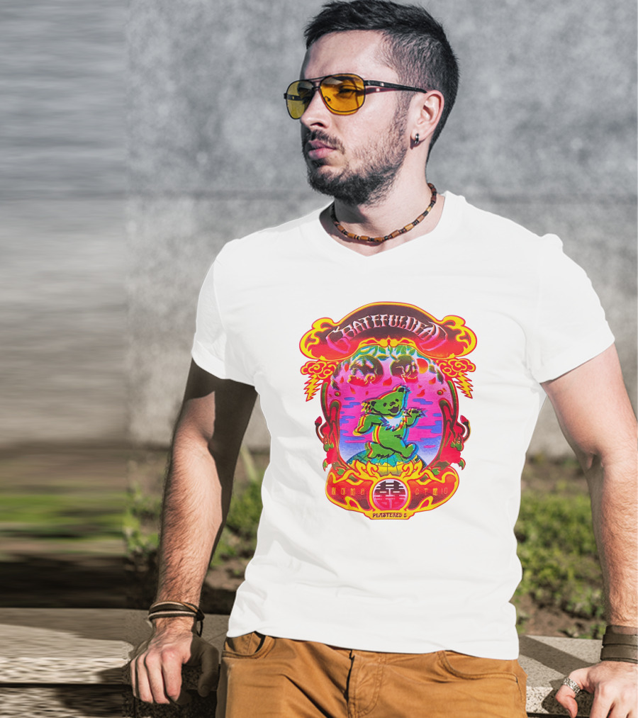 Grateful Dead X Plastered Psychedelic Bear Design With Skulls And Lightning T-Shirt