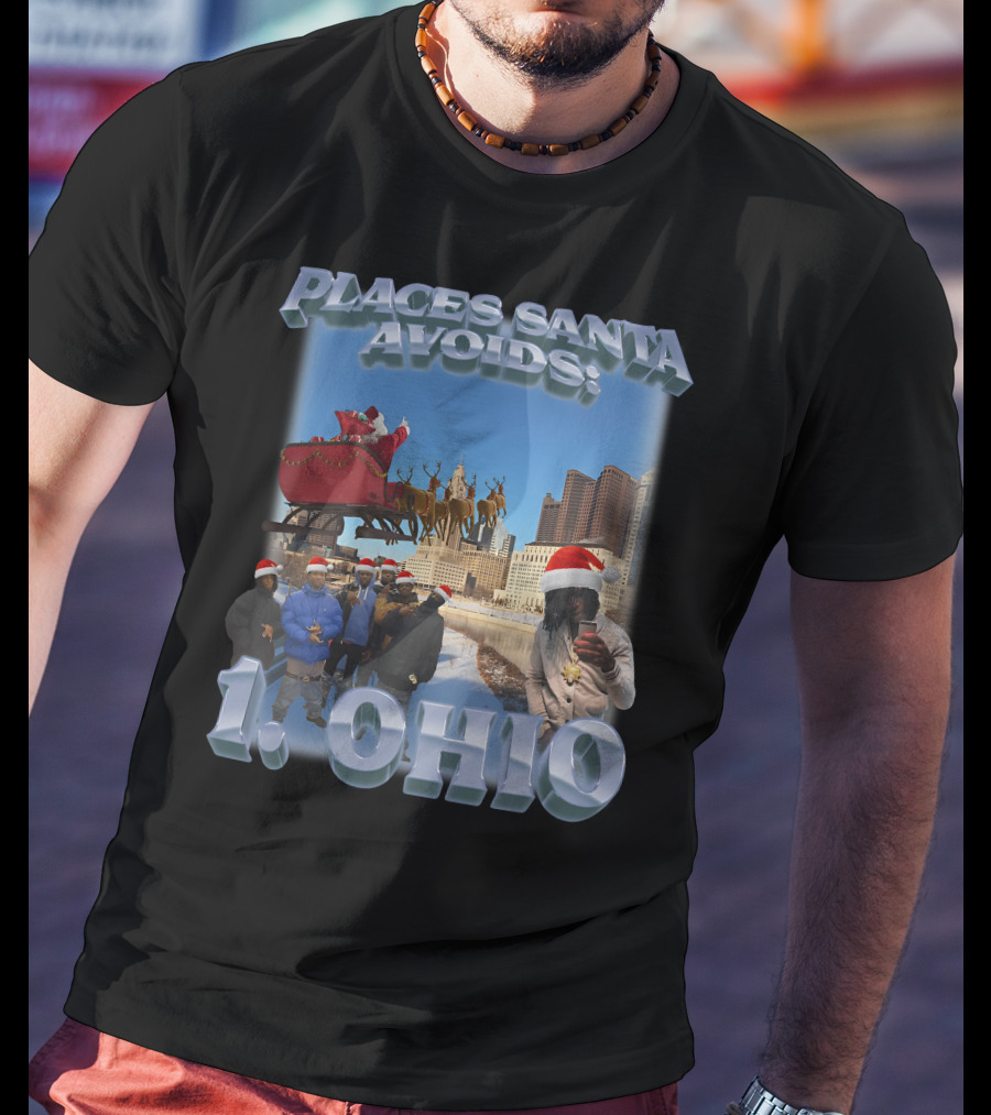 Places Santa Avoids 1 Ohio Santa's Sleigh Reindeer Columbus Skyline T-Shirt