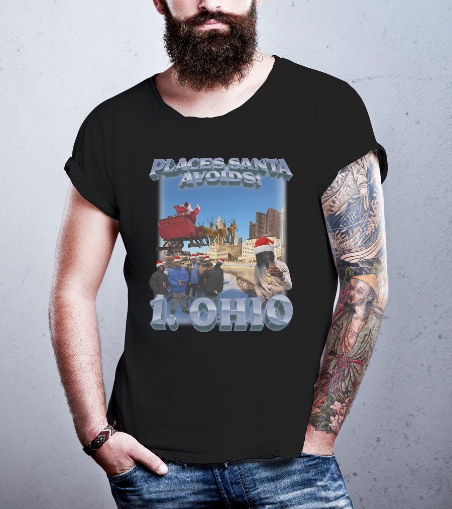 Places Santa Avoids 1 Ohio Santa's Sleigh Reindeer Columbus Skyline T-Shirt