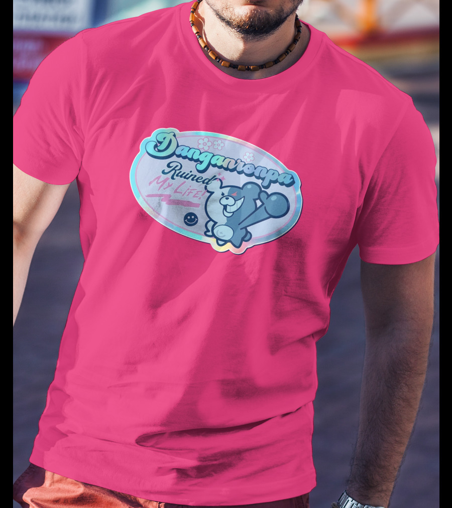 Danganronpa Ruined My Life Monokuma Smiley Pink Flowers T-Shirt