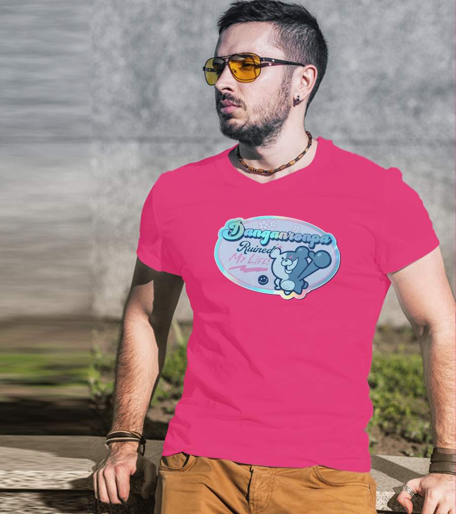 Danganronpa Ruined My Life Monokuma Smiley Pink Flowers T-Shirt