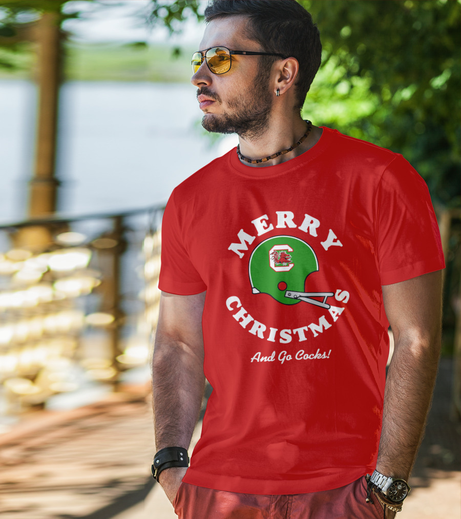 Merry Christmas And Go Cocks Football Helmet T-Shirt