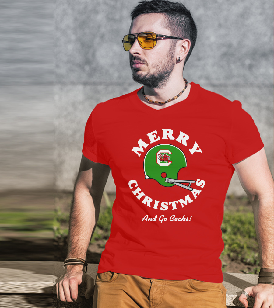 Merry Christmas And Go Cocks Football Helmet T-Shirt