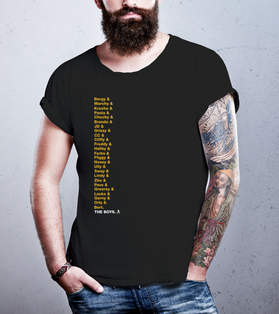 Bergy Marchy Krecho Pasta Chucky Brando JD Grizzy CC Cliffy Freddy Hallsy Forbs Fliggy Ully Nosey Sway Lindy Zbo Pavs Greersy Lauks Garny Orly Bert THE BOYS T-Shirt