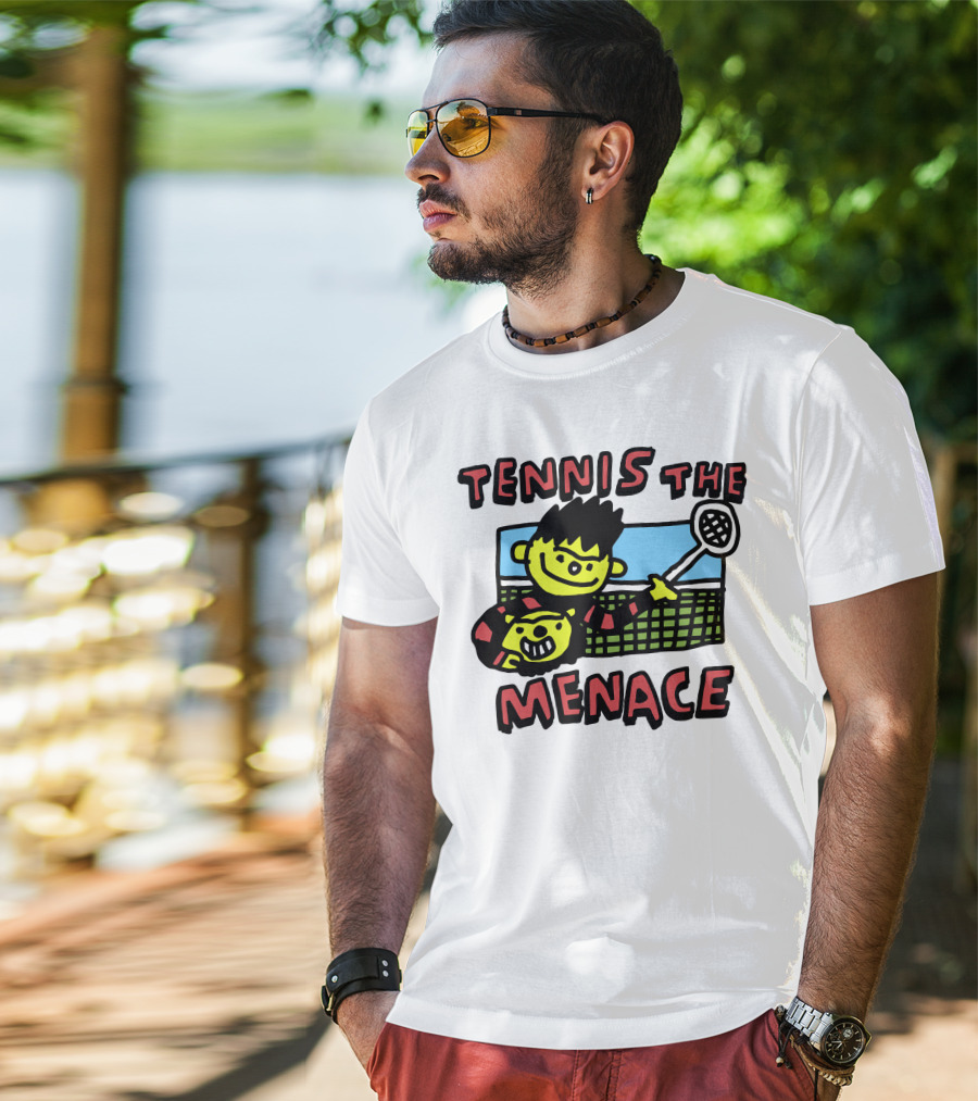 Tennis The Menace Comic Style Tennis Player With Racket T-Shirt