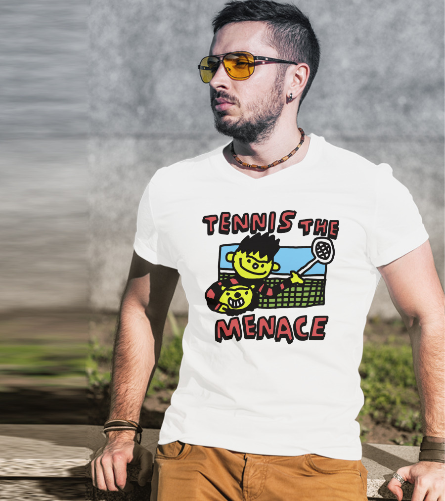 Tennis The Menace Comic Style Tennis Player With Racket T-Shirt