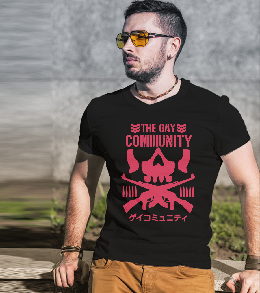 The Gay Community Japanese Text Skull And Crossed Rifles T-Shirt