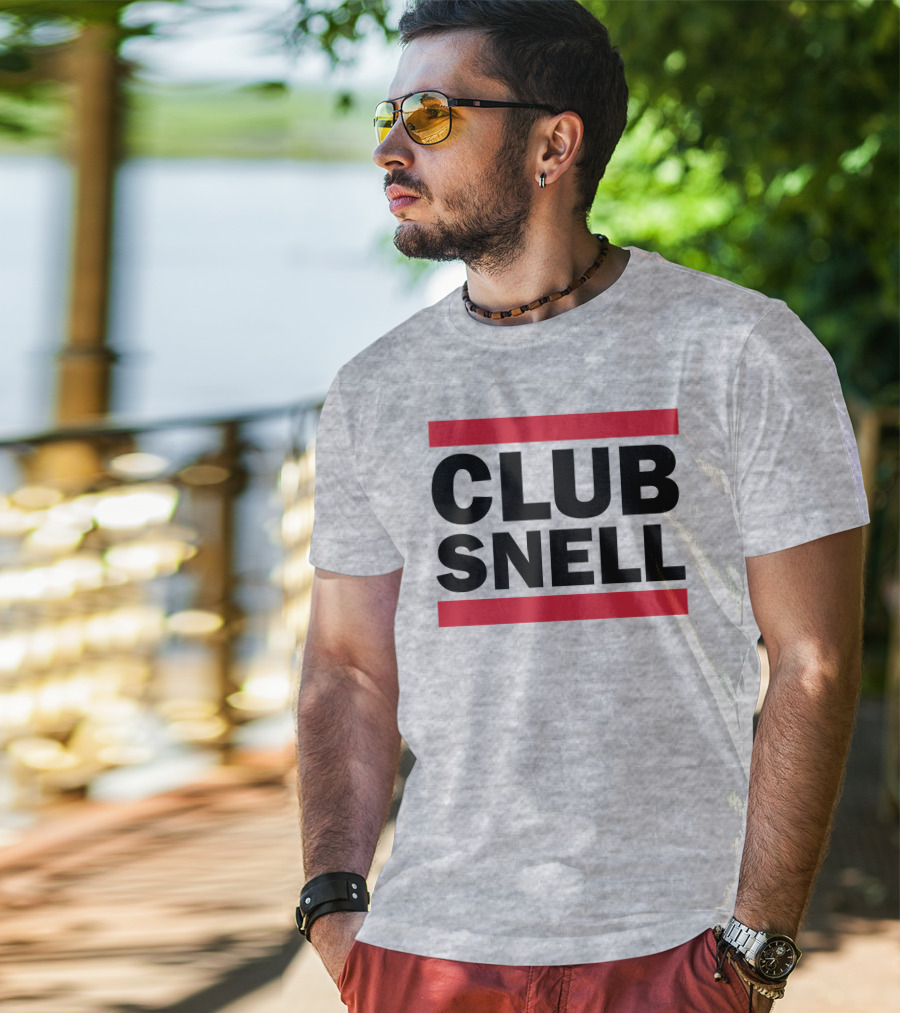 Club Snell Bold Black Text With Red Stripes On Gray Background T-Shirt