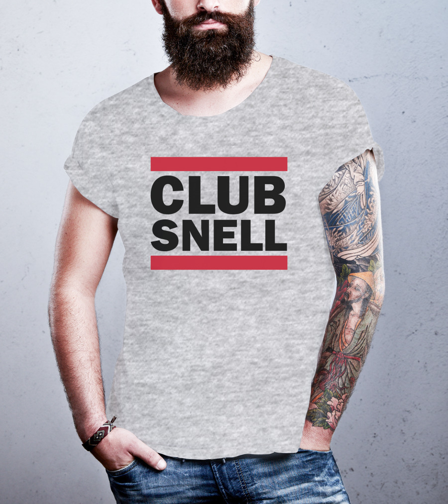 Club Snell Bold Black Text With Red Stripes On Gray Background T-Shirt