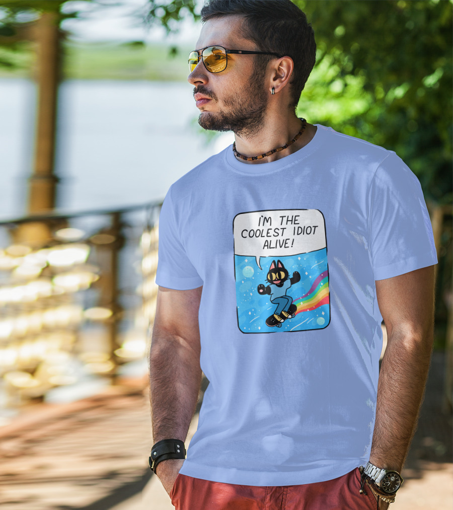 Mollyjohnt I'm The Coolest Idiot Alive Skateboarding Cat With Rainbow Trail T-Shirt