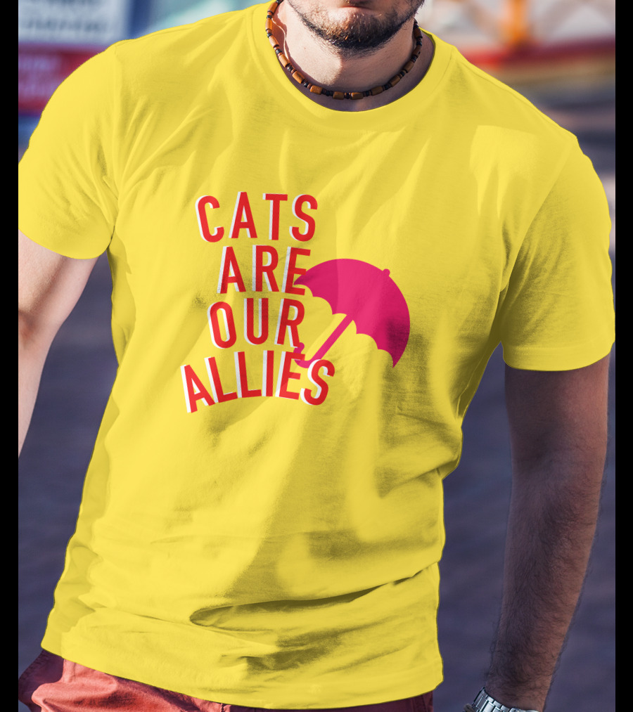 Jortsthecat Cats Are Our Allies Red Umbrella Yellow Background T-Shirt