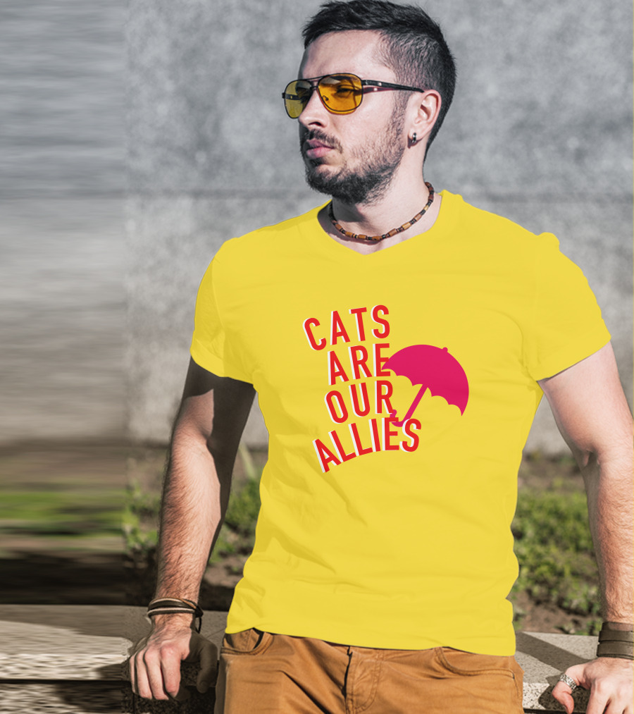 Jortsthecat Cats Are Our Allies Red Umbrella Yellow Background T-Shirt