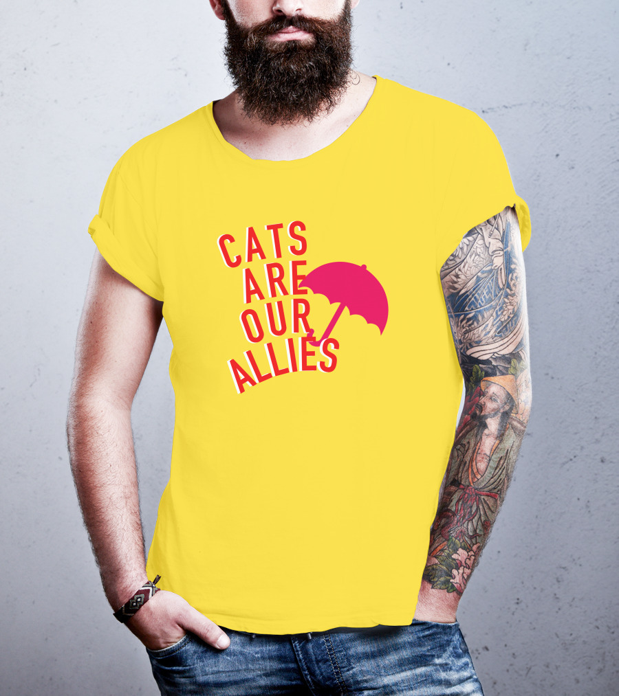 Jortsthecat Cats Are Our Allies Red Umbrella Yellow Background T-Shirt