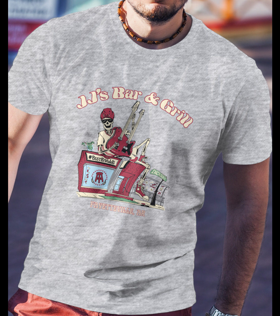 JJ's Bar And Grill Fayetteville AR Best Barstools Skeleton Playing Guitar T-Shirt