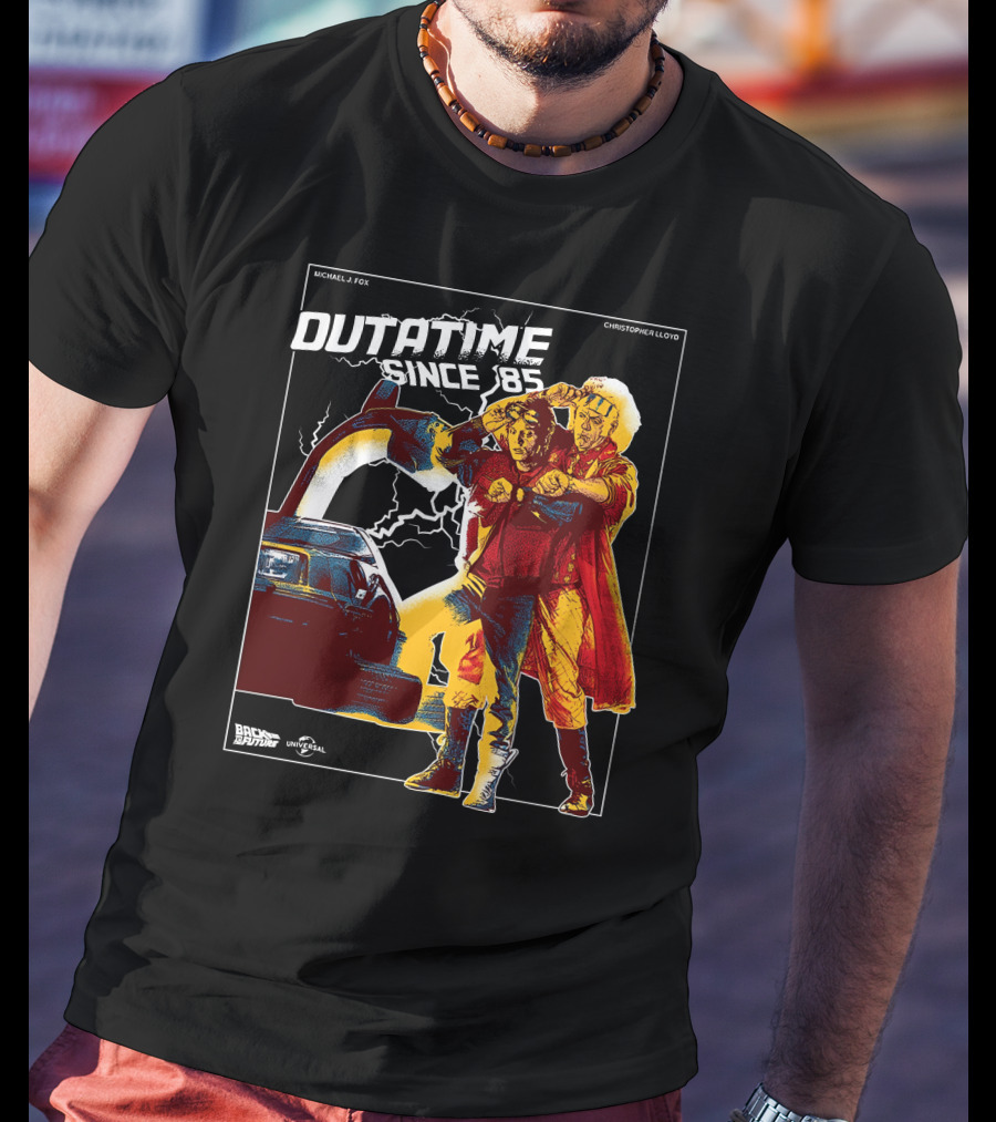 Back To The Future DMC-12 DeLorean Outatime Since '85 Michael J. Fox Christopher Lloyd Universal T-Shirt