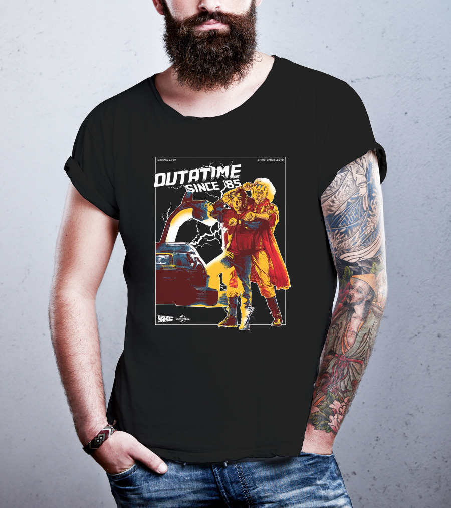 Back To The Future DMC-12 DeLorean Outatime Since '85 Michael J. Fox Christopher Lloyd Universal T-Shirt