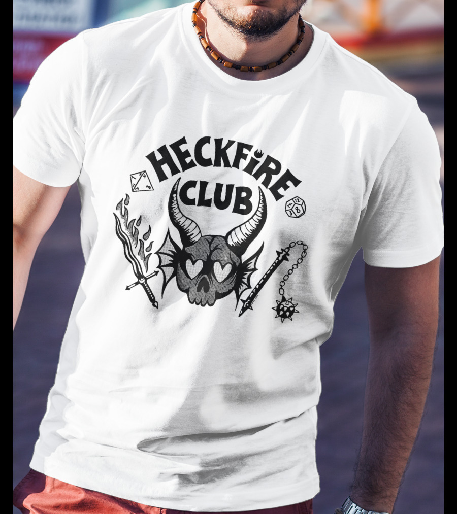 Heckfire Club Hawkins Leather Skull With Horns And Fantasy Dice T-Shirt