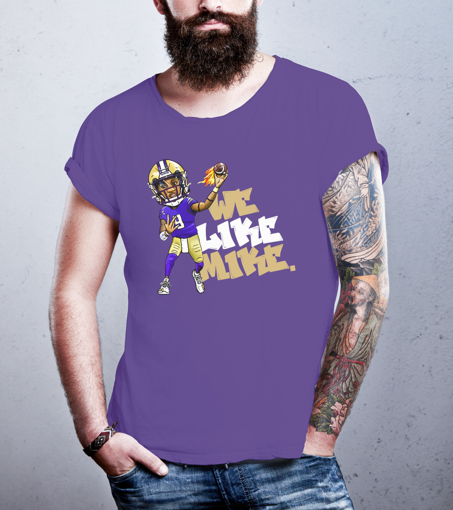We Like Mike Football Character In Purple And Gold Gear Holding Flaming Ball T-Shirt
