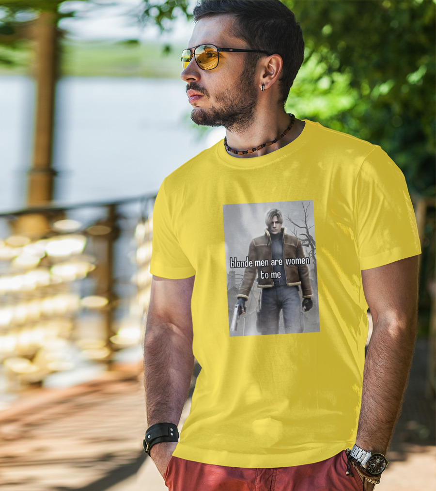 Blonde Men Are Women To Me Resident Video Game Character Brown Jacket Gun T-Shirt