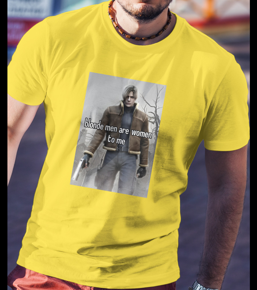 Blonde Men Are Women To Me Resident Video Game Character Brown Jacket Gun T-Shirt
