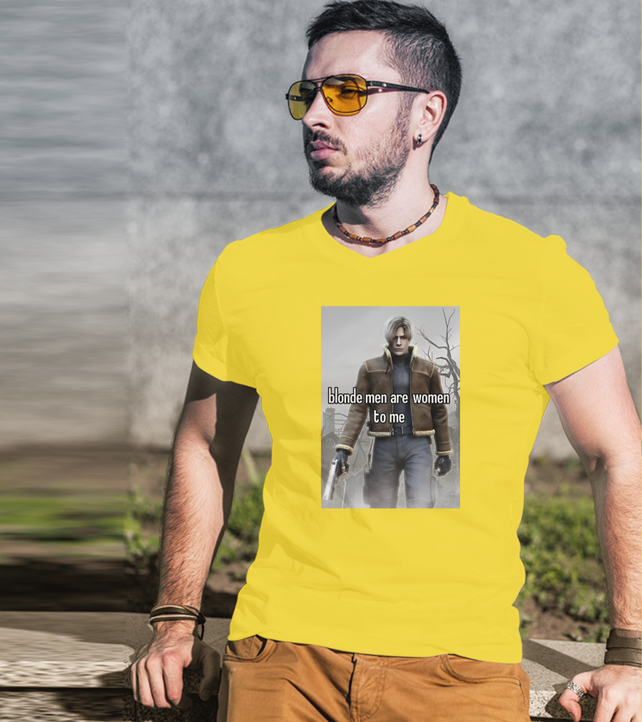 Blonde Men Are Women To Me Resident Video Game Character Brown Jacket Gun T-Shirt