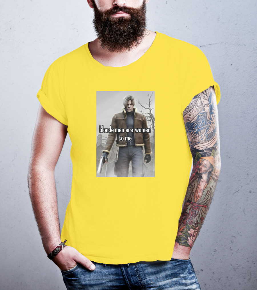 Blonde Men Are Women To Me Resident Video Game Character Brown Jacket Gun T-Shirt
