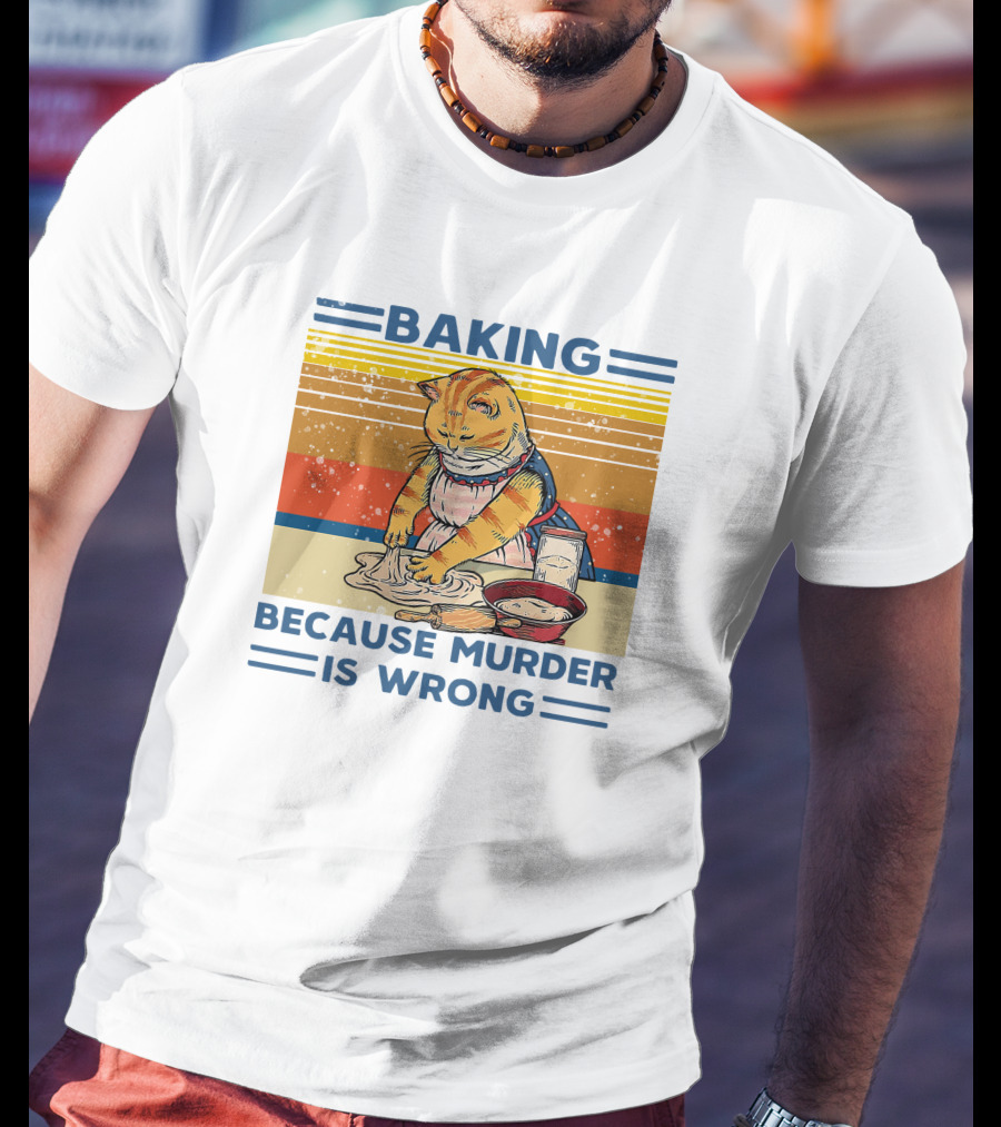 Baking Because Murder Is Wrong Cat Retro Style Nigel Simmonds T-Shirt