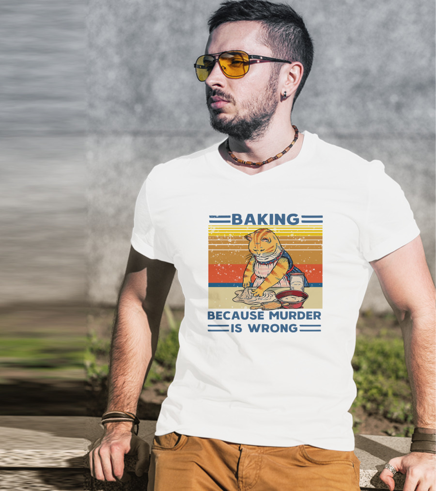 Baking Because Murder Is Wrong Cat Retro Style Nigel Simmonds T-Shirt