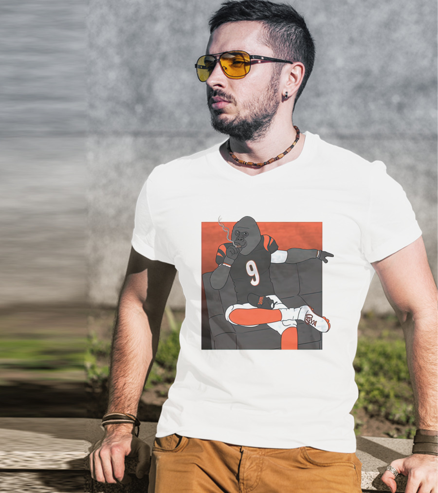Harambe Smoking Gorilla Wearing Number 9 Jersey Sitting On Couch T-Shirt