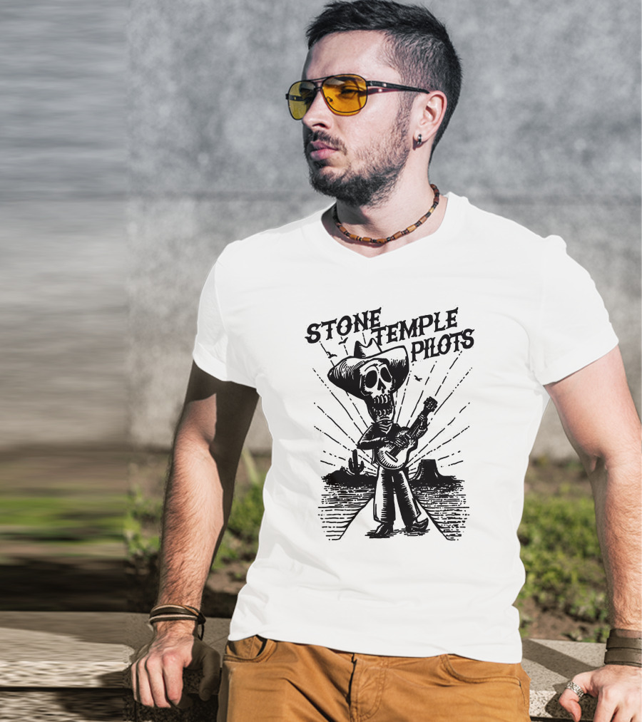 STONE TEMPLE PILOTS Skeleton Cowboy Playing Guitar Desert Scene T-Shirt