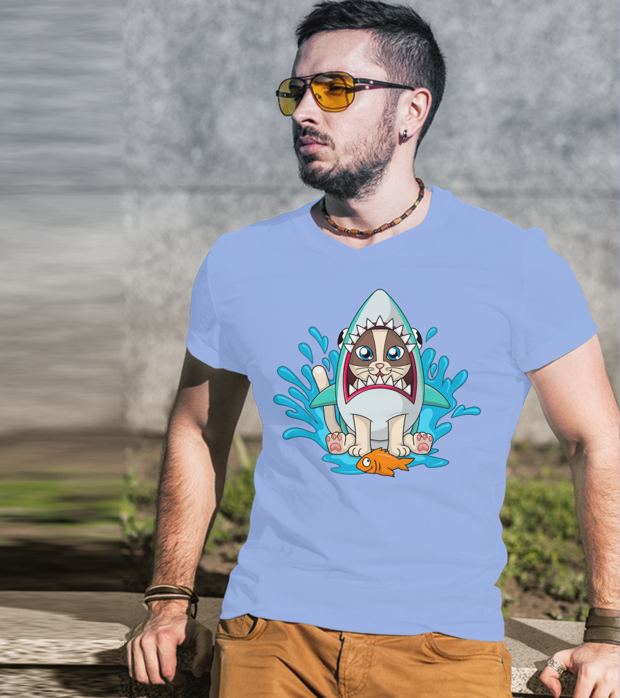 Inquisitormaster Merch Cute Cat Shark Splash Fish T-Shirt
