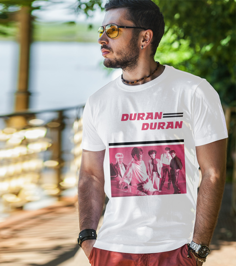 Duran Duran Band Photo With Stylized Logo And Pink Tone T-Shirt