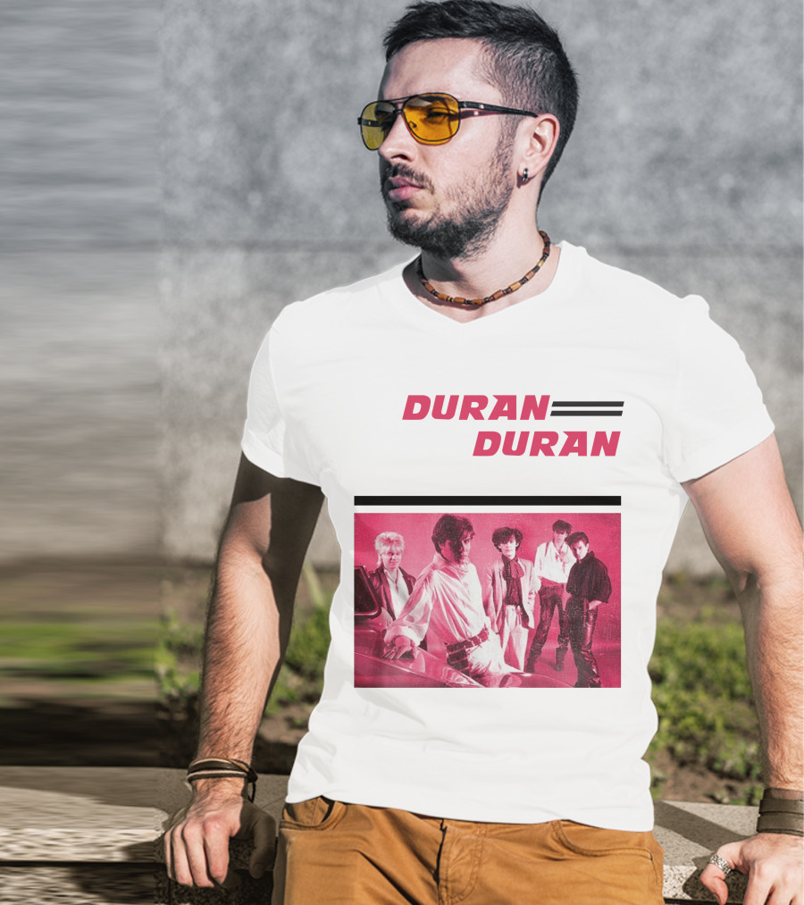 Duran Duran Band Photo With Stylized Logo And Pink Tone T-Shirt