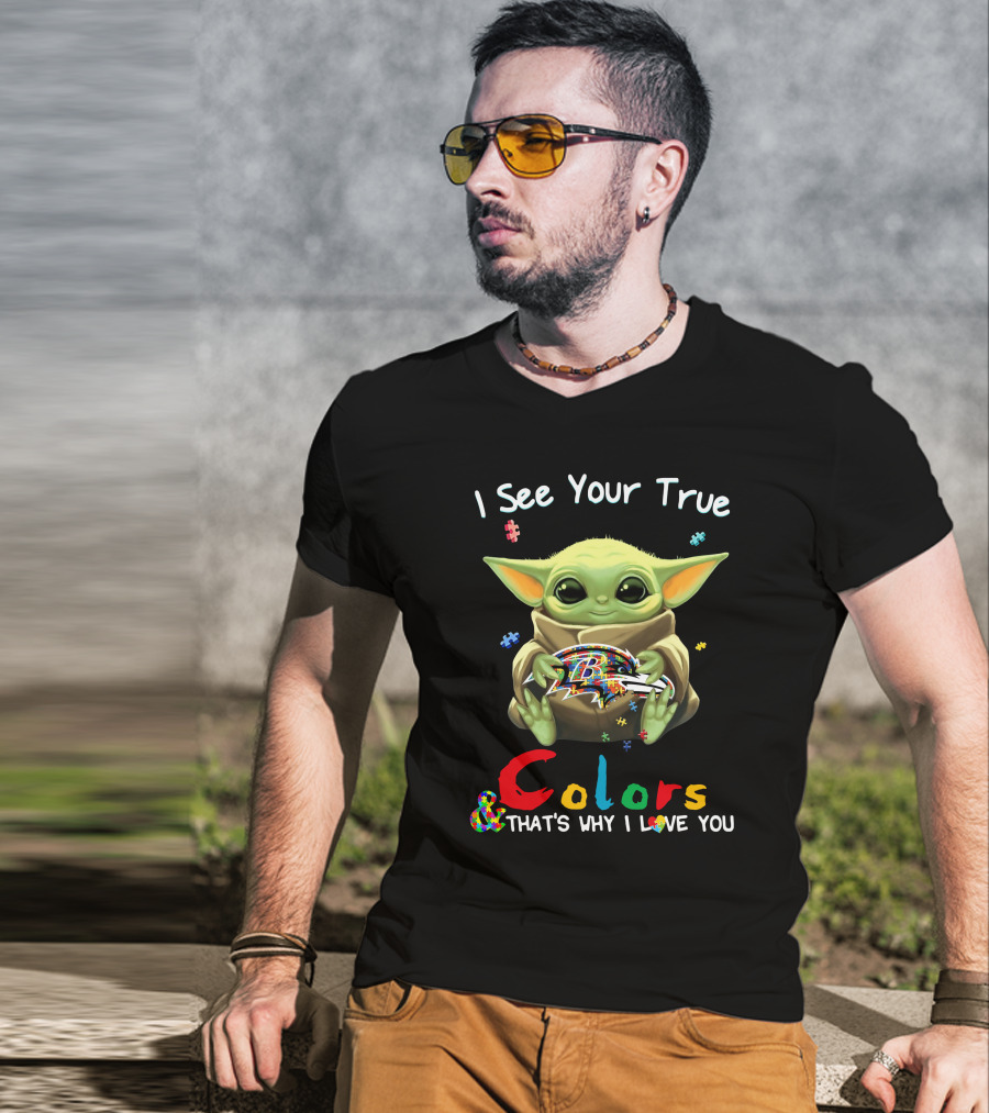 I See Your True Colors Baltimore Ravens Baby Yoda Puzzle T-Shirt